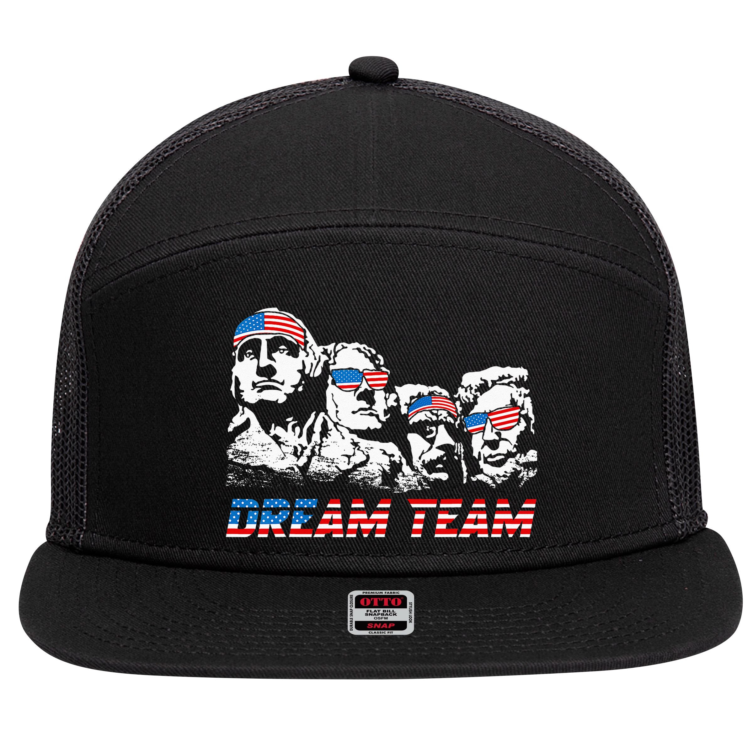 Dream Team President American Flag Patriotic 4th Of July 7 Panel Mesh Trucker Snapback Hat