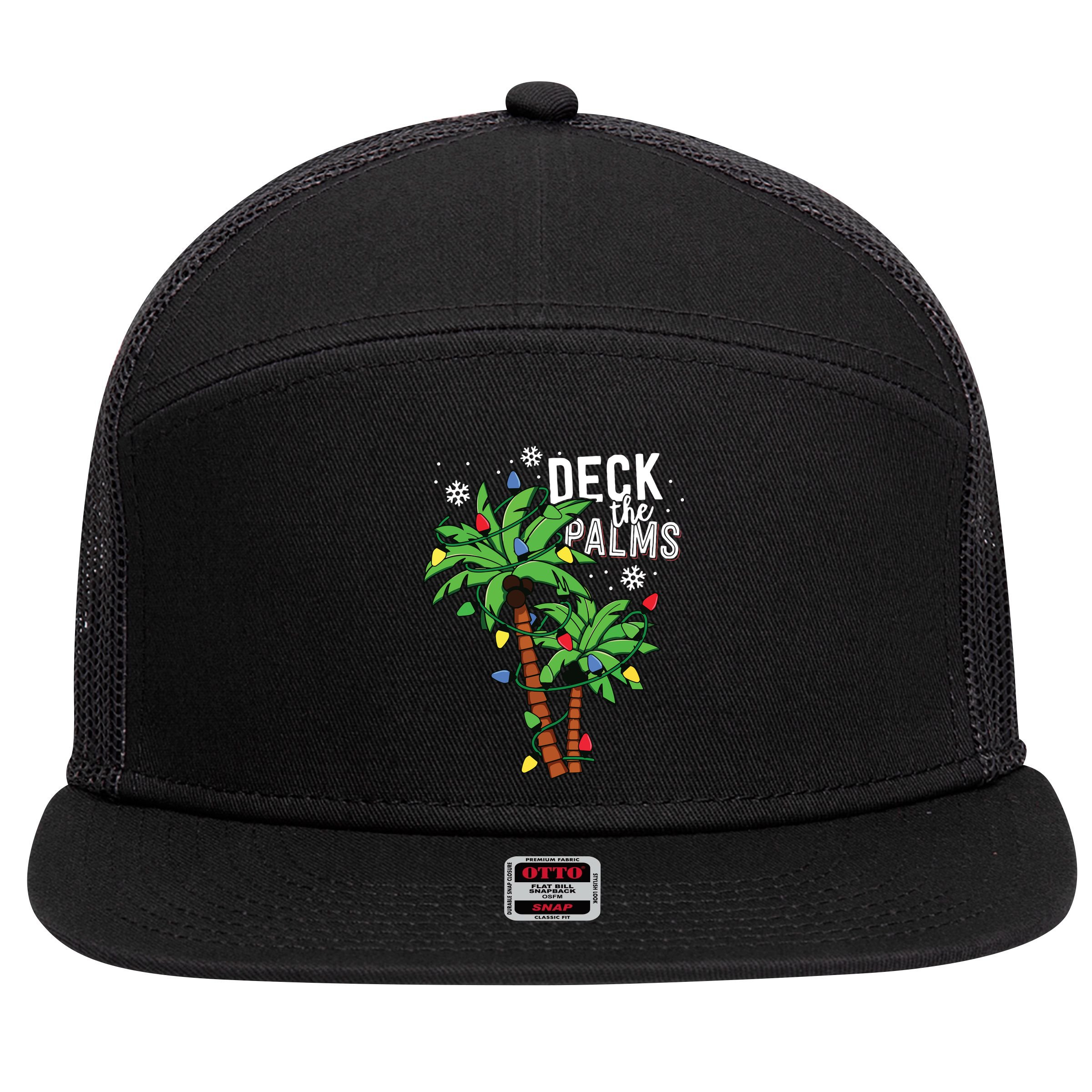 Deck The Palms Tropical Hawaii Christmas Palm Tree Lights 7 Panel Mesh Trucker Snapback Hat