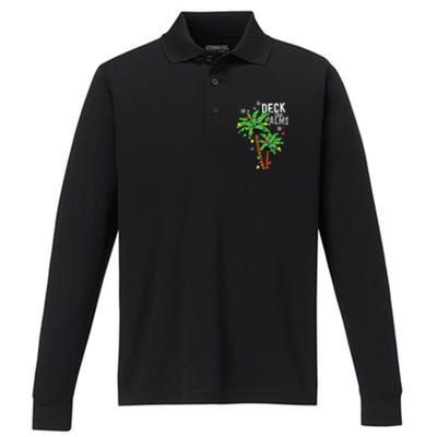 Deck The Palms Tropical Hawaii Christmas Palm Tree Lights Performance Long Sleeve Polo