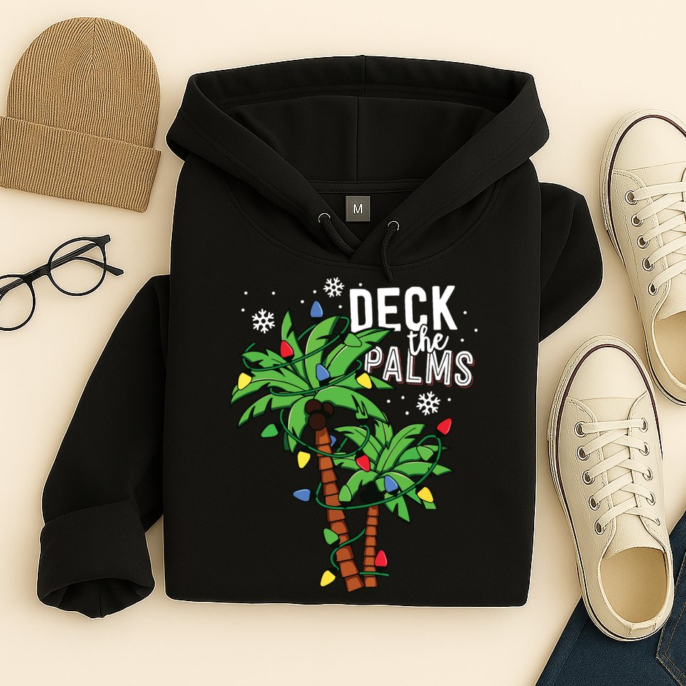 Deck The Palms Tropical Hawaii Christmas Palm Tree Lights Hoodie