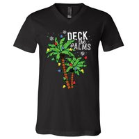 Deck The Palms Tropical Hawaii Christmas Palm Tree Lights V-Neck T-Shirt