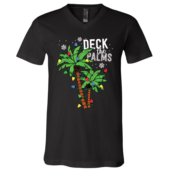 Deck The Palms Tropical Hawaii Christmas Palm Tree Lights V-Neck T-Shirt