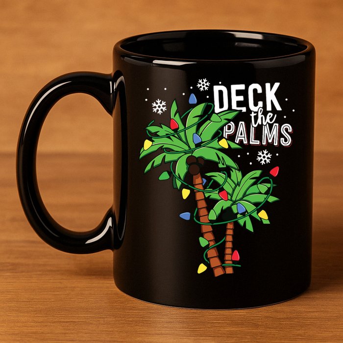 Deck The Palms Tropical Hawaii Christmas Palm Tree Lights 11oz C Handle Ceramic Mug