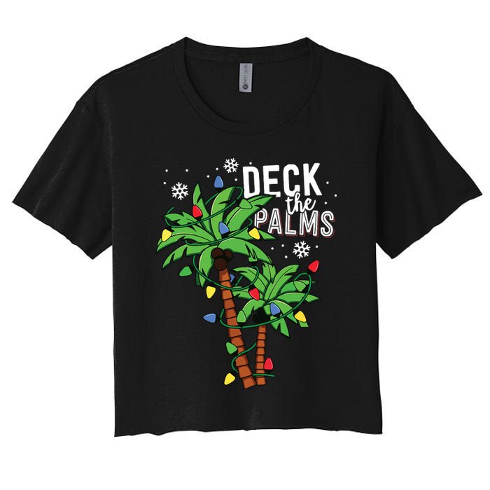 Deck The Palms Tropical Hawaii Christmas Palm Tree Lights Women's Crop Top Tee