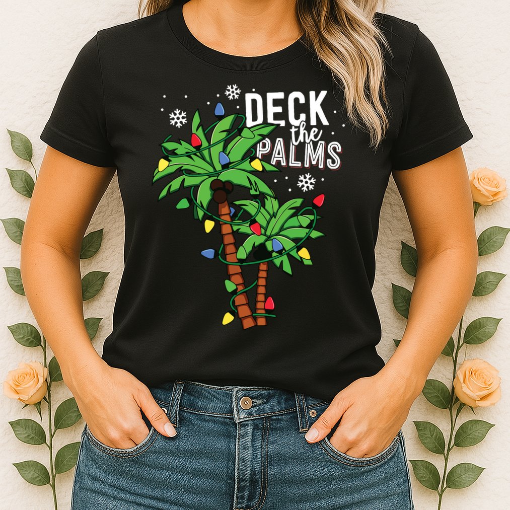 Deck The Palms Tropical Hawaii Christmas Palm Tree Lights Womens T-Shirt