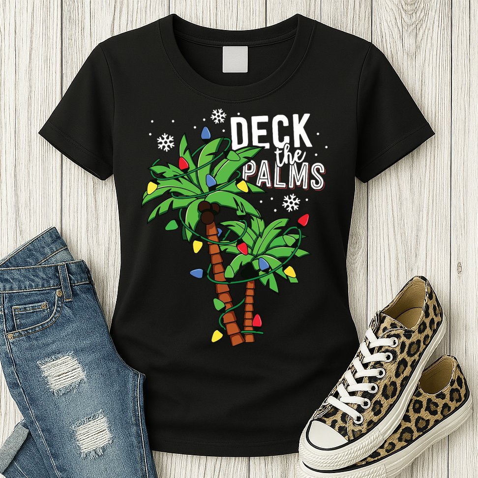 Deck The Palms Tropical Hawaii Christmas Palm Tree Lights Womens T-Shirt