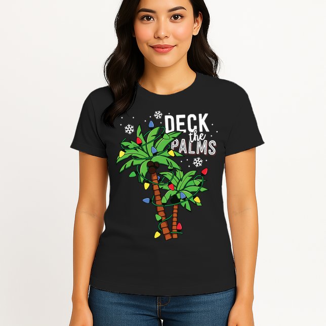 Deck The Palms Tropical Hawaii Christmas Palm Tree Lights Womens T-Shirt