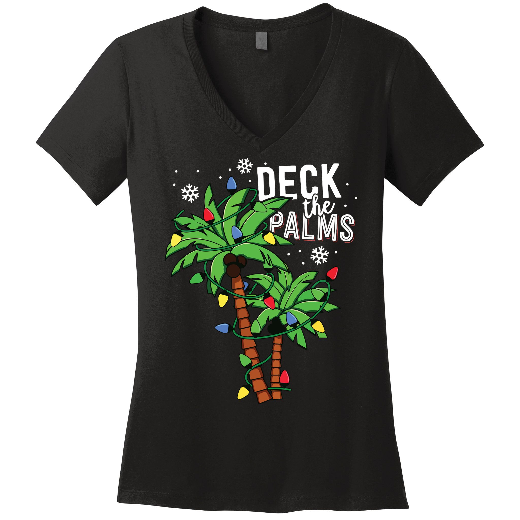 Deck The Palms Tropical Hawaii Christmas Palm Tree Lights Women's V-Neck T-Shirt