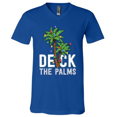 Deck The Palm Tree Lights Tropical Hawaii Family Christmas Cute Gift V-Neck T-Shirt