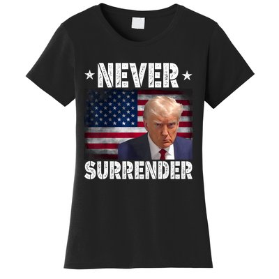 Donald Trump President Mugshot Never Surrender USA Flag Women's T-Shirt