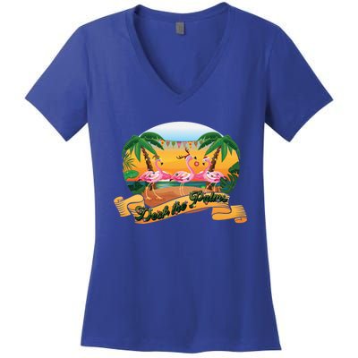 Deck The Palm Trees Merry Pink Flamingas Christmas Lights Cool Gift Women's V-Neck T-Shirt