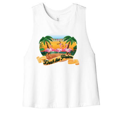 Deck The Palm Trees Merry Pink Flamingas Christmas Lights Cool Gift Women's Racerback Cropped Tank