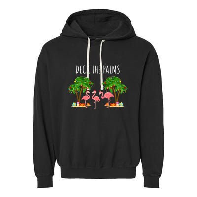 Deck The Palms Christmas Flamingo Bird Design With Trees Gift Garment-Dyed Fleece Hoodie