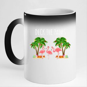 Deck The Palms Christmas Flamingo Bird Design With Trees Gift 11oz Black Color Changing Mug