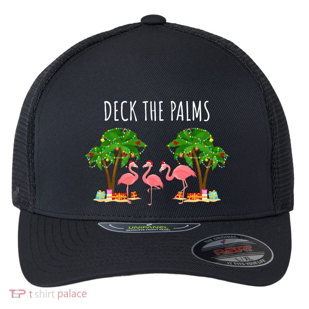 Deck The Palms Christmas Flamingo Bird Design With Trees Gift Flexfit Unipanel Trucker Cap