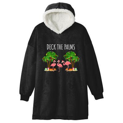 Deck The Palms Christmas Flamingo Bird Design With Trees Gift Hooded Wearable Blanket