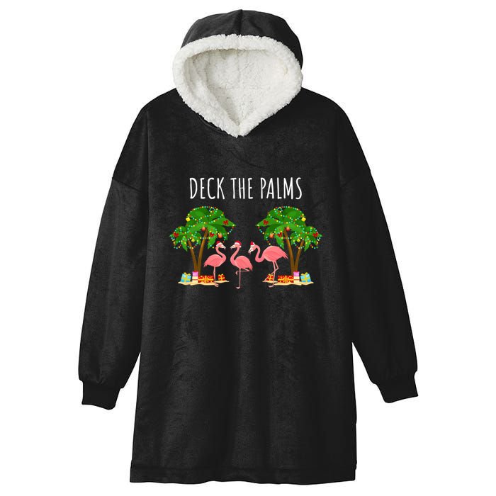 Deck The Palms Christmas Flamingo Bird Design With Trees Gift Hooded Wearable Blanket