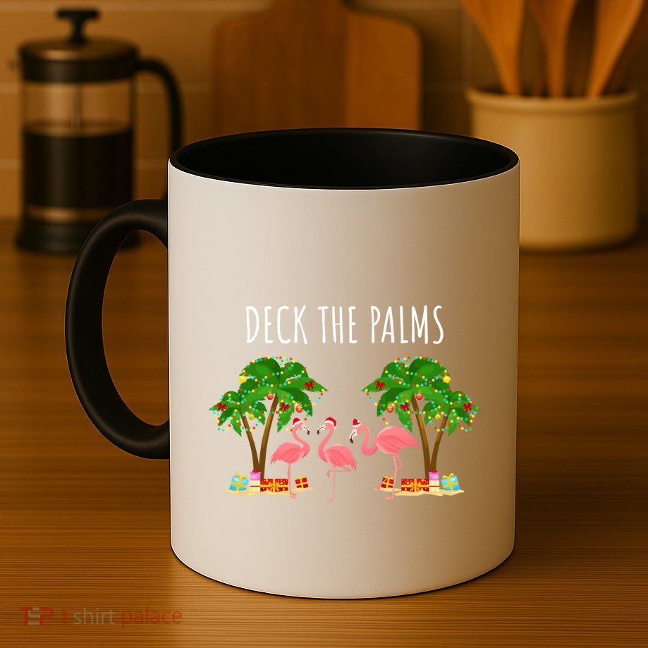 Deck The Palms Christmas Flamingo Bird Design With Trees Gift Mug