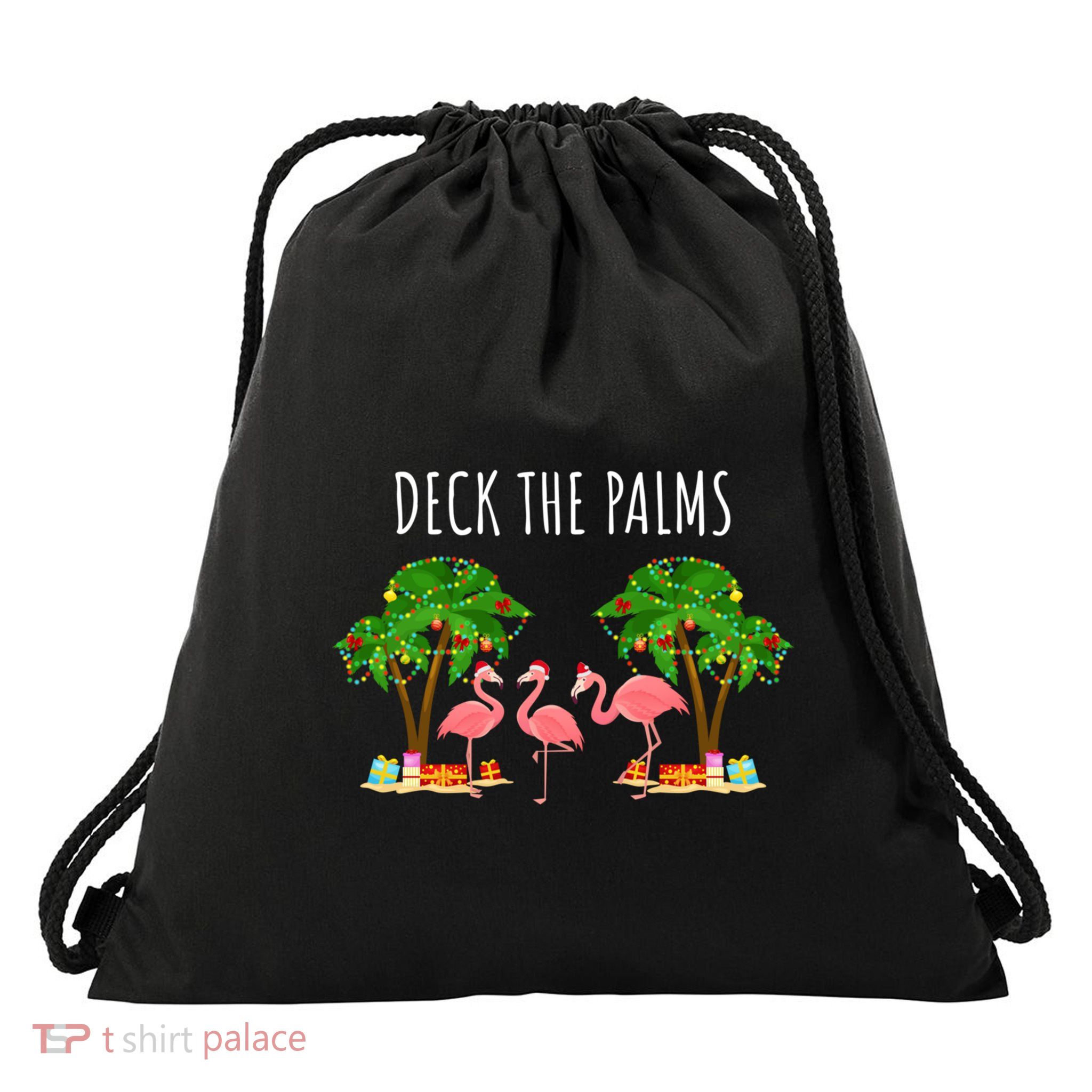 Deck The Palms Christmas Flamingo Bird Design With Trees Gift Drawstring Bag