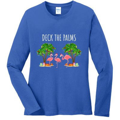 Deck The Palms Christmas Flamingo Bird Design With Trees Gift Ladies Long Sleeve Shirt