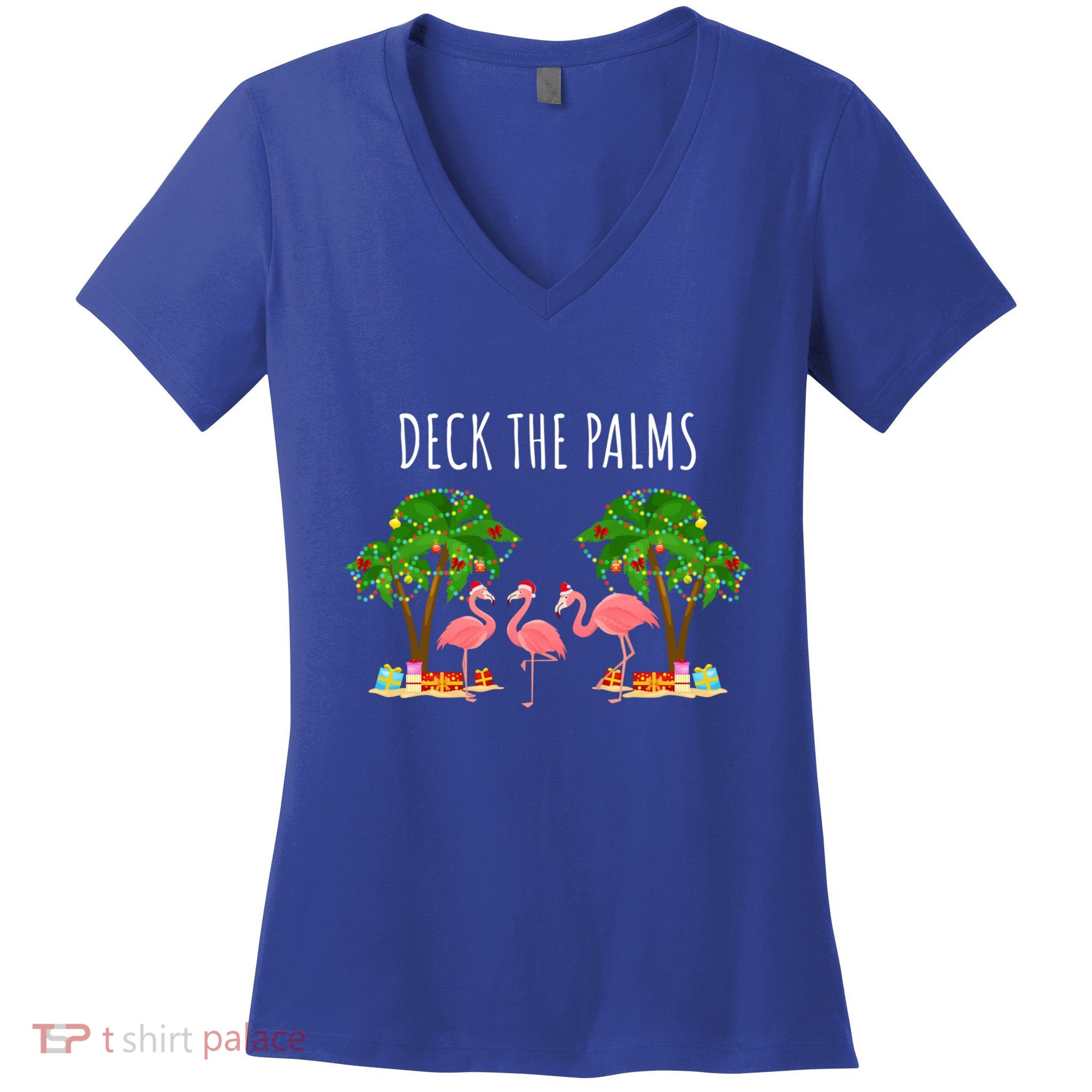 Deck The Palms Christmas Flamingo Bird Design With Trees Gift Women's V-Neck T-Shirt