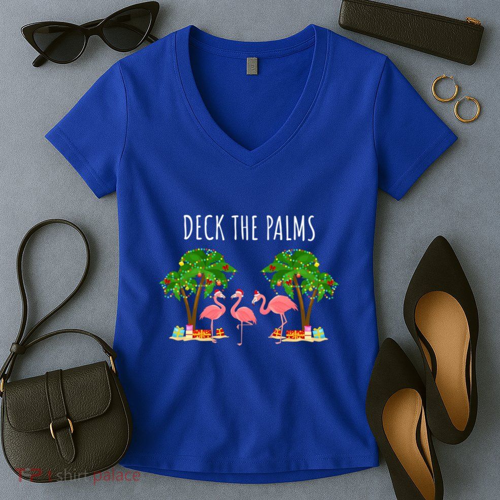 Deck The Palms Christmas Flamingo Bird Design With Trees Gift Women's V-Neck T-Shirt