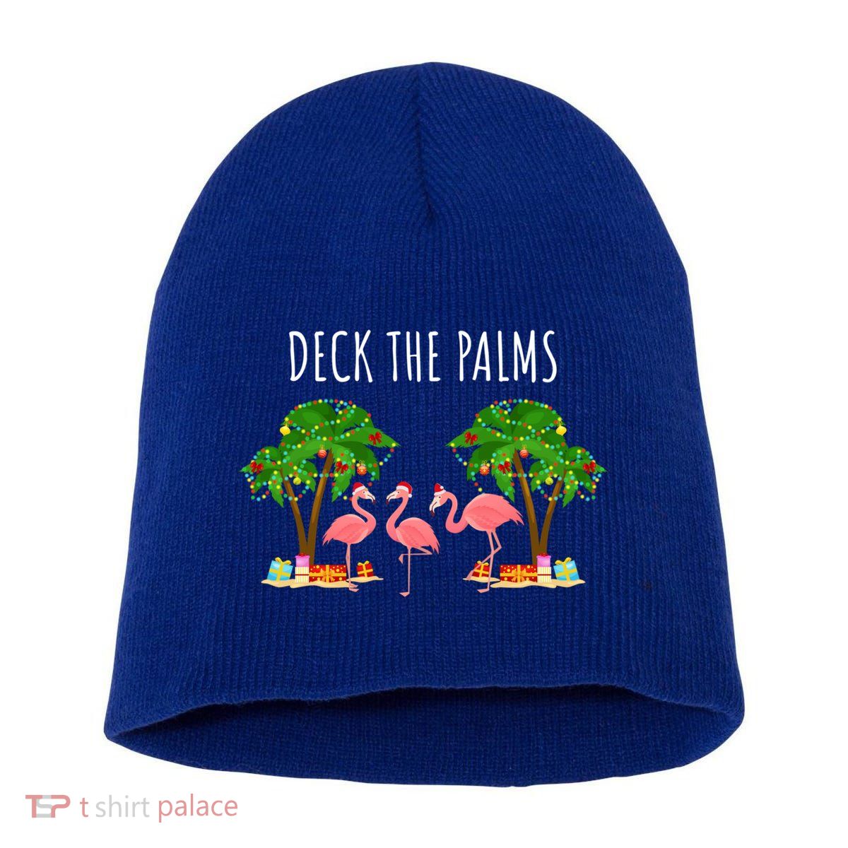 Deck The Palms Christmas Flamingo Bird Design With Trees Gift Short Acrylic Beanie
