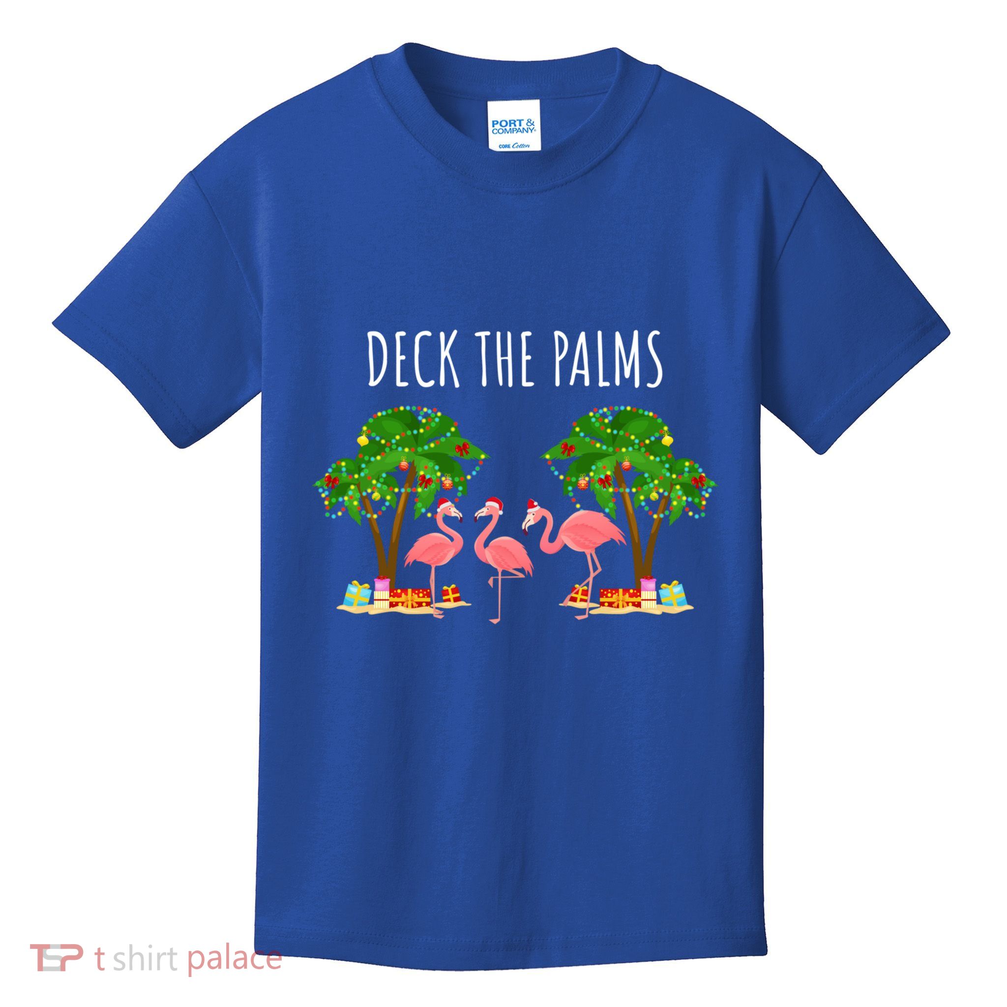 Deck The Palms Christmas Flamingo Bird Design With Trees Gift Kids T-Shirt