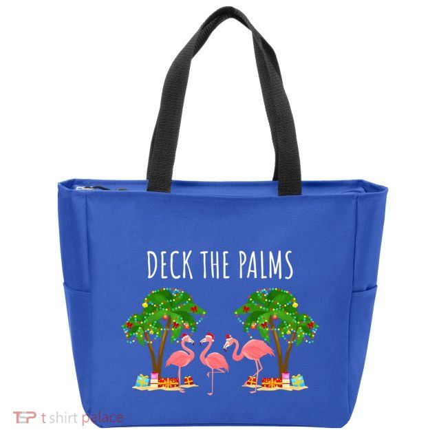 Deck The Palms Christmas Flamingo Bird Design With Trees Gift Zip Tote Bag