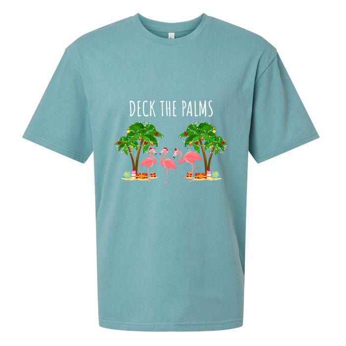 Deck The Palms Christmas Flamingo Bird Design With Trees Gift Sueded Cloud Jersey T-Shirt