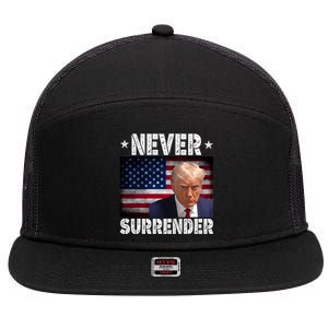 Donald Trump President Mugshot Never Surrender USA Flag 7 Panel Mesh Trucker Snapback Hat