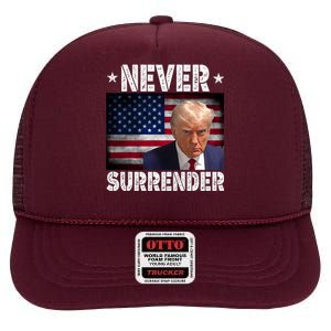 Donald Trump President Mugshot Never Surrender USA Flag High Crown Mesh Back Trucker Hat