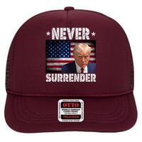 Donald Trump President Mugshot Never Surrender USA Flag High Crown Mesh Back Trucker Hat