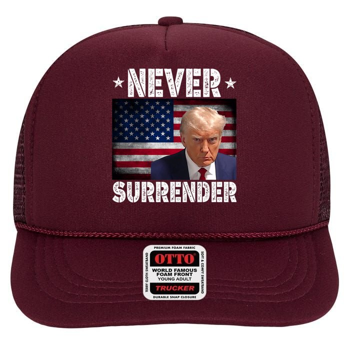 Donald Trump President Mugshot Never Surrender USA Flag High Crown Mesh Back Trucker Hat