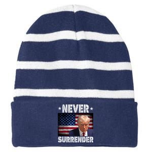 Donald Trump President Mugshot Never Surrender USA Flag Striped Beanie with Solid Band