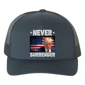 Donald Trump President Mugshot Never Surrender USA Flag Yupoong Adult 5-Panel Trucker Hat