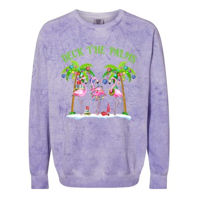 Deck The Palms Flamingo Tropical Christmas Lights Palm Tree Gift Colorblast Crewneck Sweatshirt