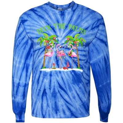 Deck The Palms Flamingo Tropical Christmas Lights Palm Tree Gift Tie-Dye Long Sleeve Shirt