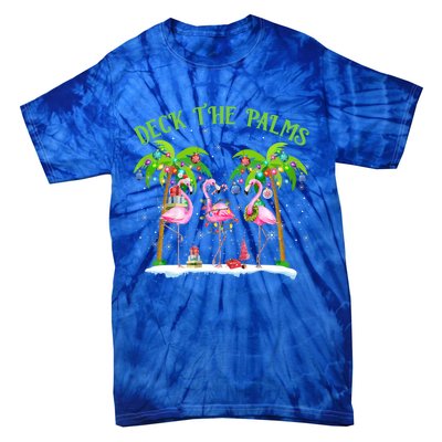 Deck The Palms Flamingo Tropical Christmas Lights Palm Tree Gift Tie-Dye T-Shirt