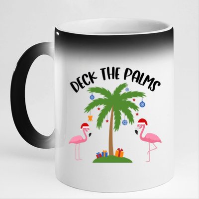 Deck The Palms Funny Christmas Palm Tree Flamingo Gift 11oz Black Color Changing Mug