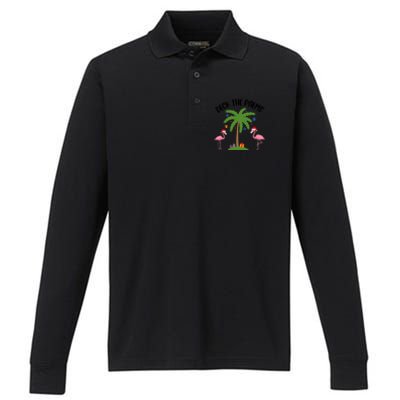 Deck The Palms Funny Christmas Palm Tree Flamingo Gift Performance Long Sleeve Polo