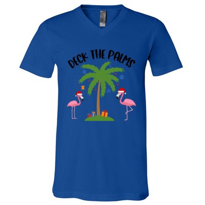 Deck The Palms Funny Christmas Palm Tree Flamingo Gift V-Neck T-Shirt