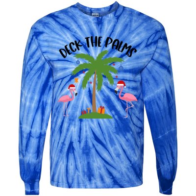 Deck The Palms Funny Christmas Palm Tree Flamingo Gift Tie-Dye Long Sleeve Shirt