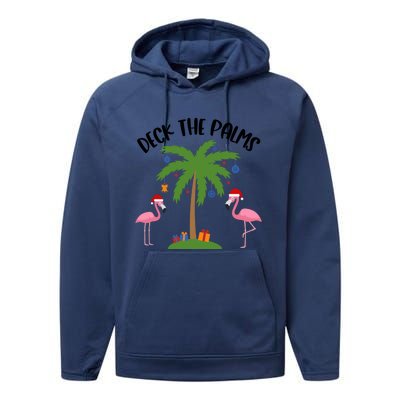 Deck The Palms Funny Christmas Palm Tree Flamingo Gift Performance Fleece Hoodie