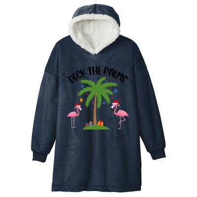 Deck The Palms Funny Christmas Palm Tree Flamingo Gift Hooded Wearable Blanket