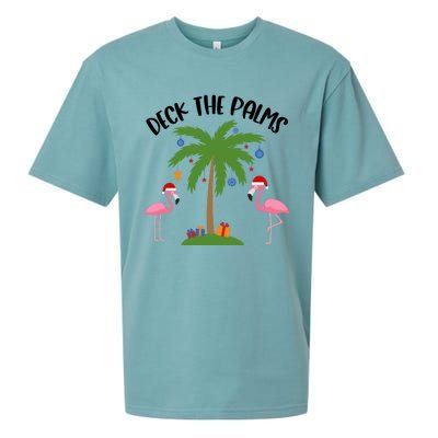 Deck The Palms Funny Christmas Palm Tree Flamingo Gift Sueded Cloud Jersey T-Shirt