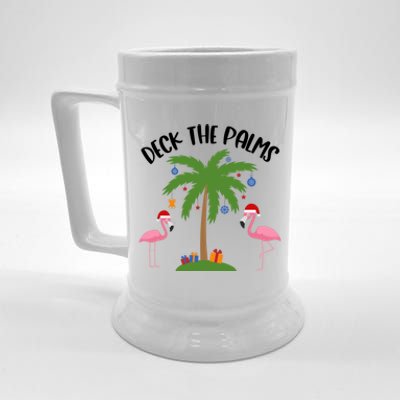 Deck The Palms Funny Christmas Palm Tree Flamingo Gift Beer Stein