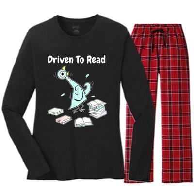 Driven To Read Pigeon Library Reading Books Reader Funny Women's Long Sleeve Flannel Pajama Set 