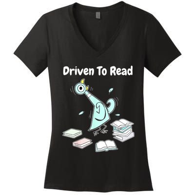 Driven To Read Pigeon Library Reading Books Reader Funny Women's V-Neck T-Shirt