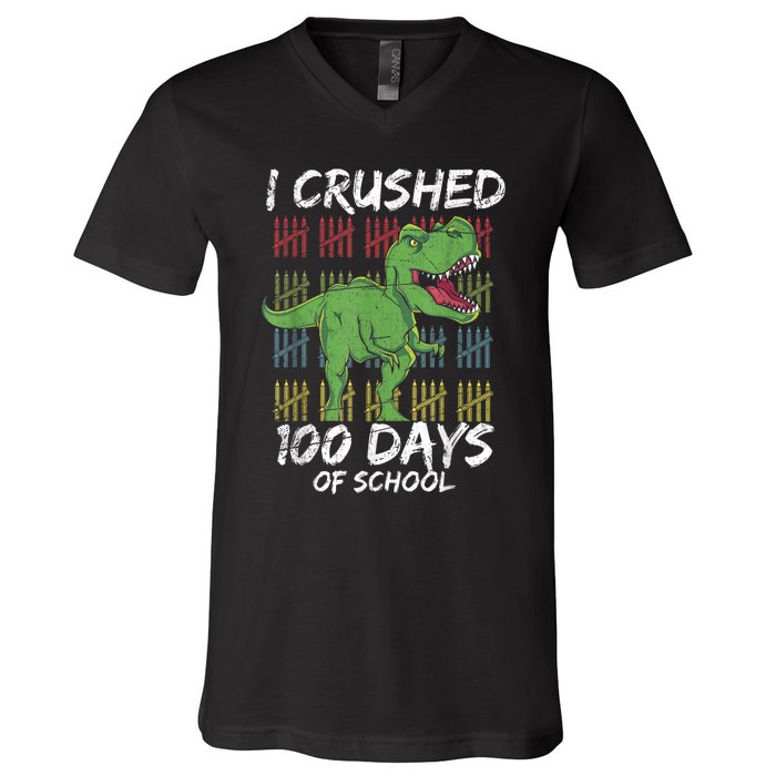 Dino T Rex Student Gift I Crushed 100 Days Of School V-Neck T-Shirt